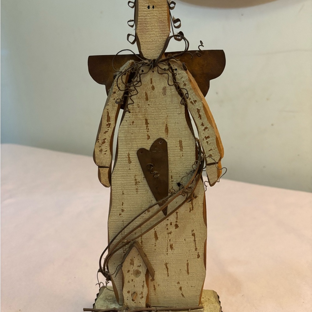 Hand Crafted Rustic Angel with Heart Accent - Brown and Cream